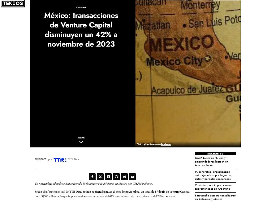 Mxico: transacciones de Venture Capital disminuyen un 42% a noviembre de 2023